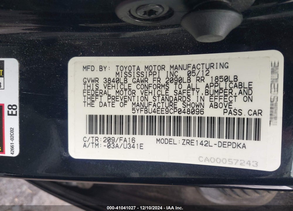 2012 TOYOTA COROLLA L VIN: 5YFBU4EE9CP048096
