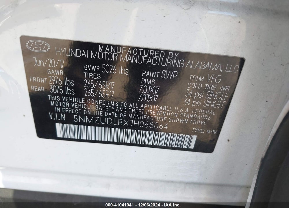 2018 HYUNDAI SANTA FE SPORT 2.4L VIN: 5NMZUDLBXJH068064