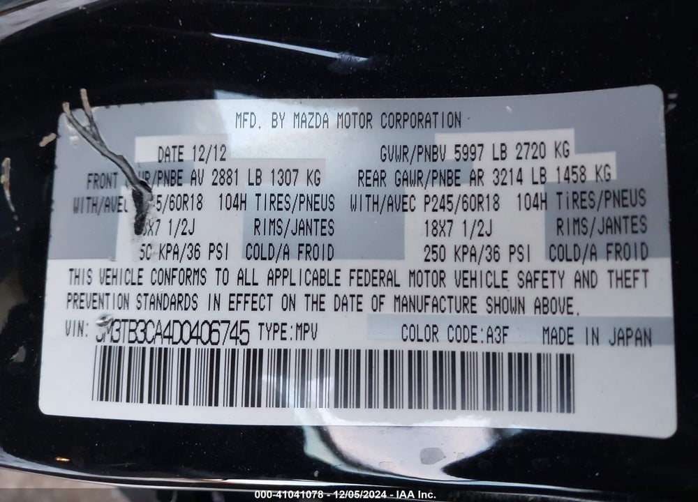 2013 MAZDA CX-9 TOURING VIN: JM3TB3CA4D0406745