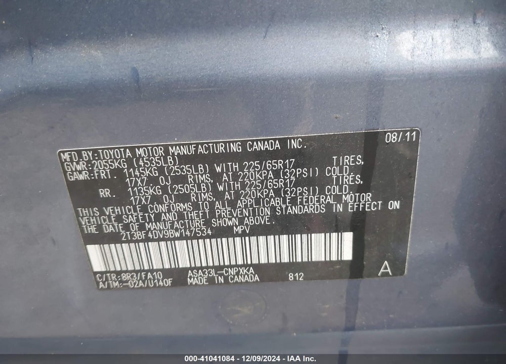 2011 TOYOTA RAV4 VIN: 2T3BF4DV9BW147534