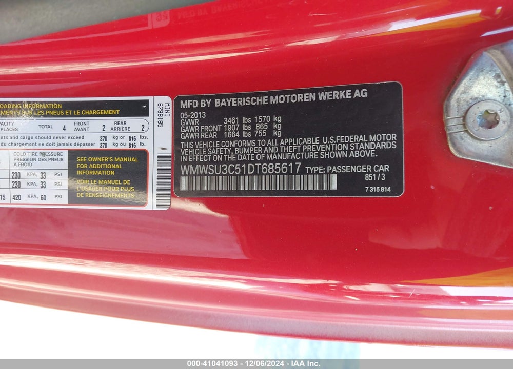 2013 MINI HARDTOP COOPER VIN: WMWSU3C51DT685617