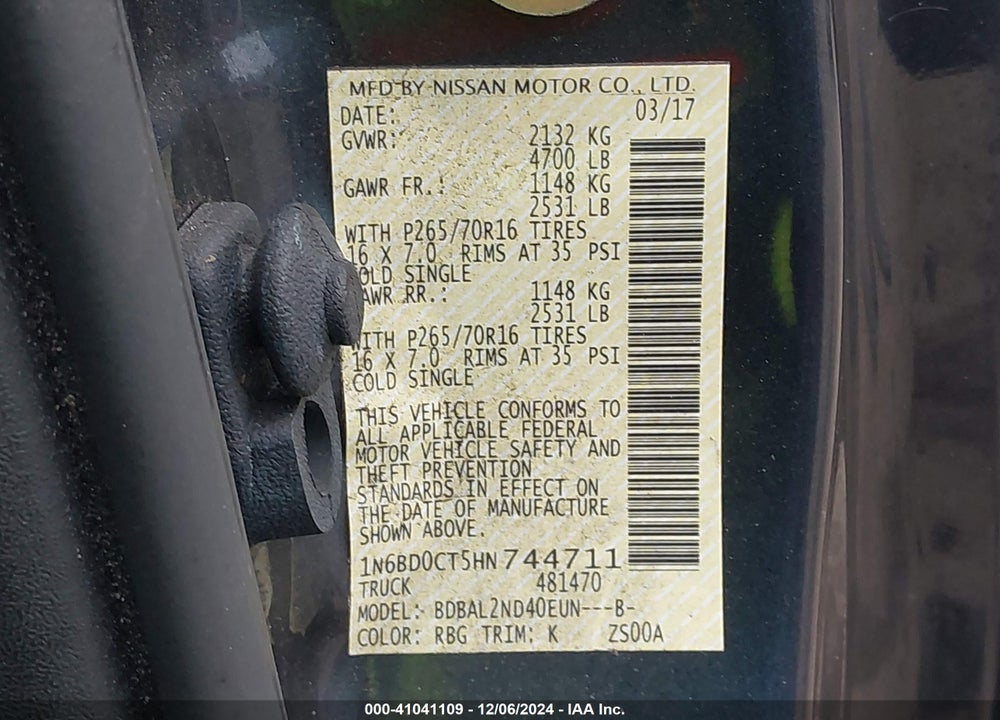 2017 NISSAN FRONTIER SV-I4 VIN: 1N6BD0CT5HN744711