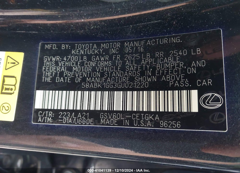 2016 LEXUS ES 350 VIN: 58ABK1GG3GU021220