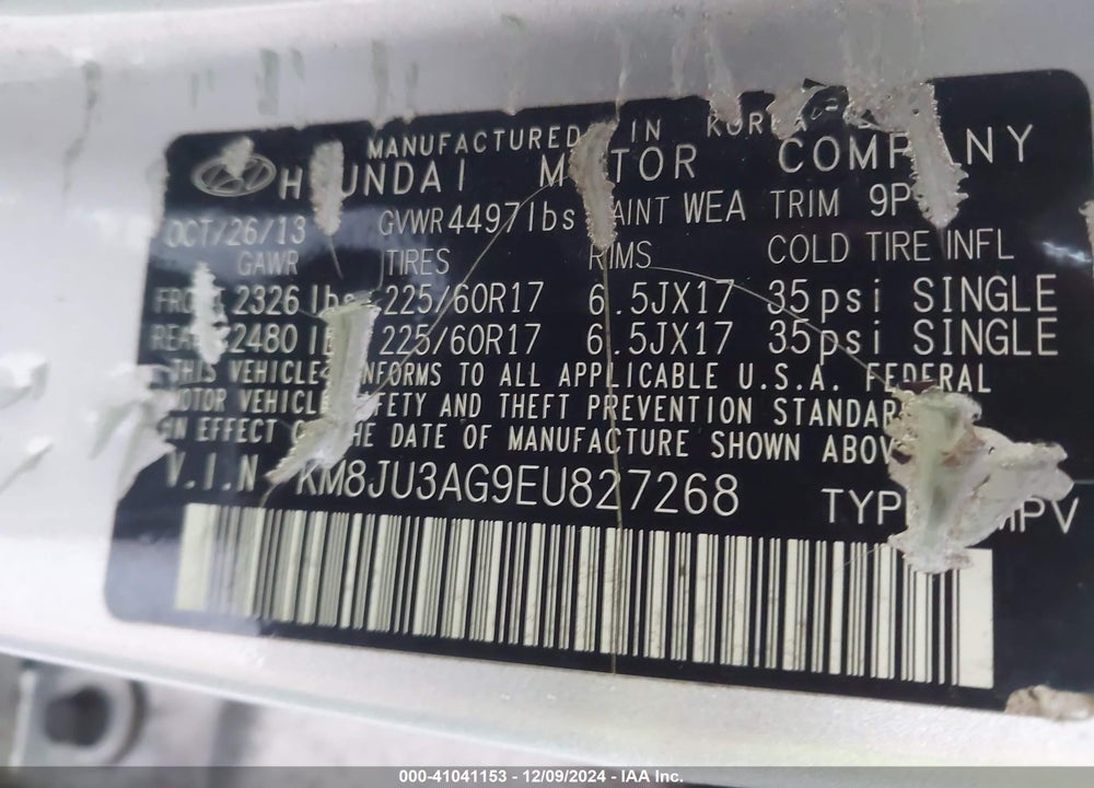 2014 HYUNDAI TUCSON SE VIN: KM8JU3AG9EU827268