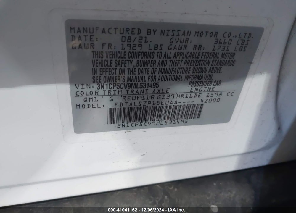 2021 NISSAN KICKS SV VIN: 3N1CP5CV9ML531495