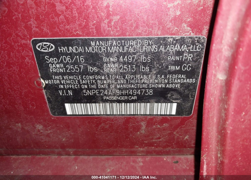 2017 HYUNDAI SONATA VIN: 5NPE24AF9HH494738