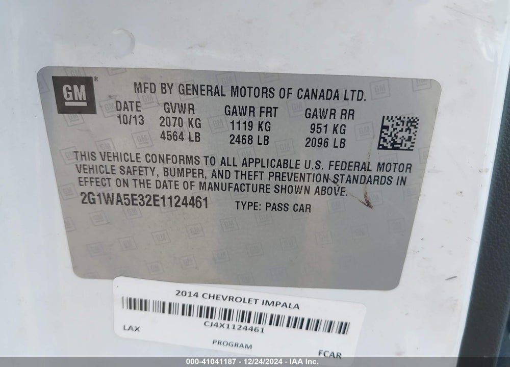 2014 CHEVROLET IMPALA LIMITED LS VIN: 2G1WA5E32E1124461