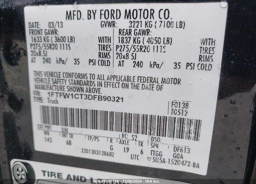 2013 FORD F150 VIN: 1FTFW1CT3DFB90321