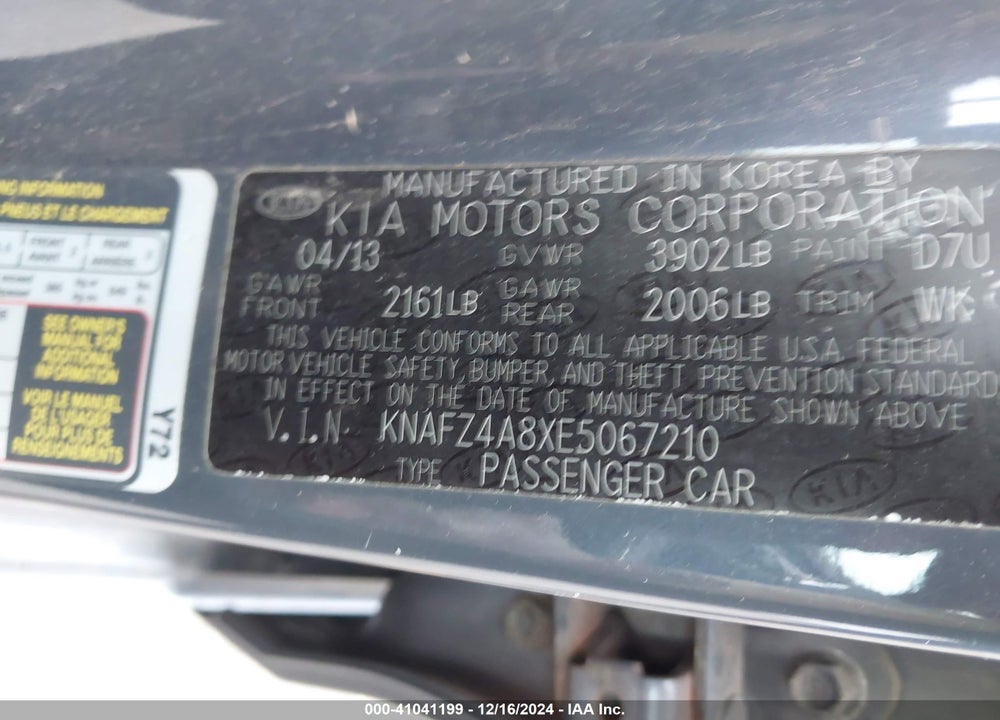 2014 KIA FORTE VIN: KNAFZ4A8XE5067210