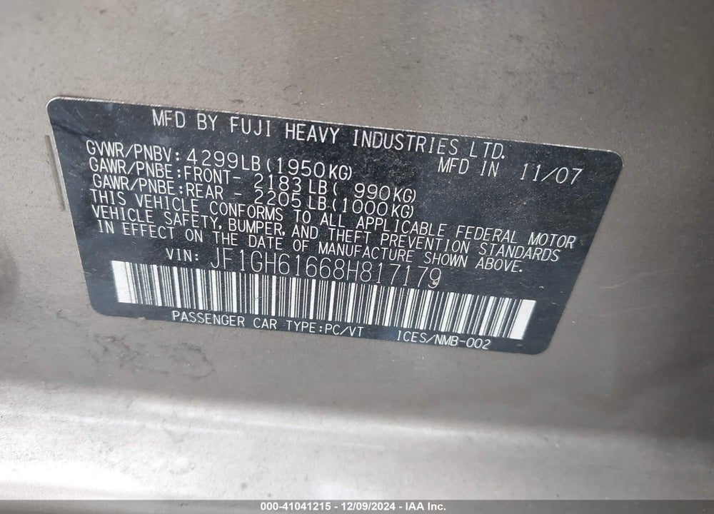 2008 SUBARU IMPREZA 2.5I VIN: JF1GH61668H817179