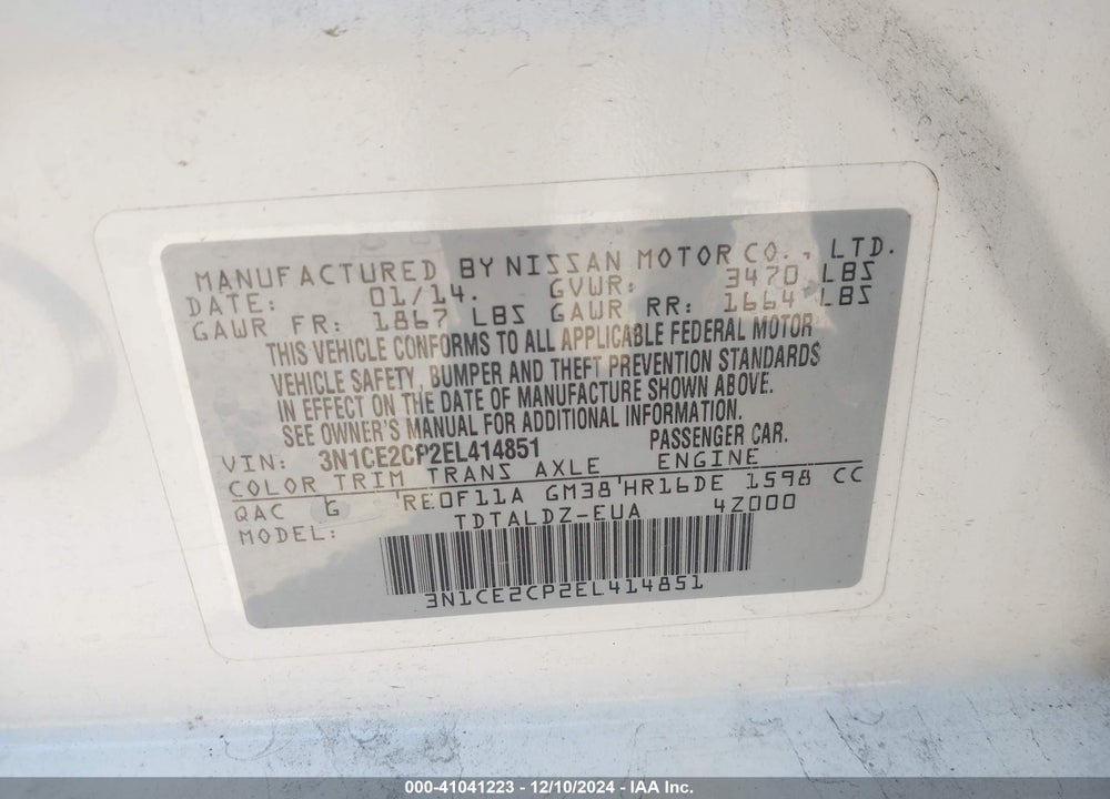 2014 NISSAN VERSA NOTE VIN: 3N1CE2CP2EL414851