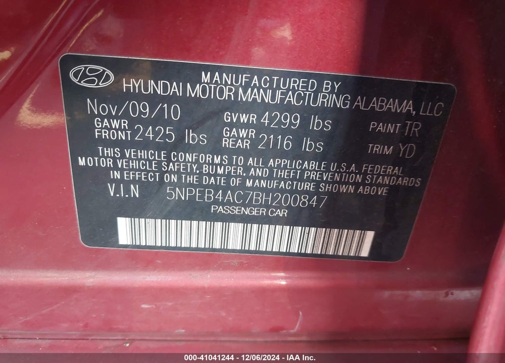 2011 HYUNDAI SONATA GLS VIN: 5NPEB4AC7BH200847