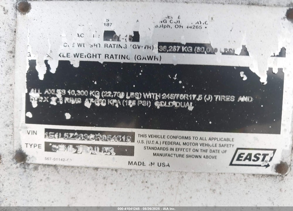 2016 EAST MANUFACTURING TRAILER VIN: 1E1L5Z283GR054519