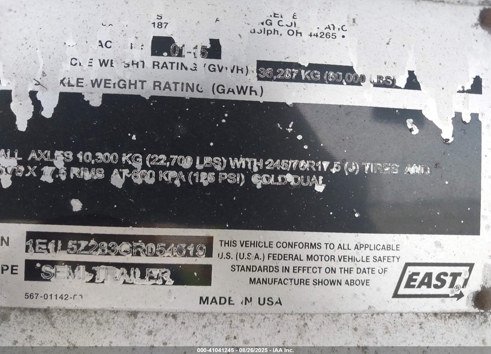 2016 EAST MANUFACTURING TRAILER VIN: 1E1L5Z283GR054519