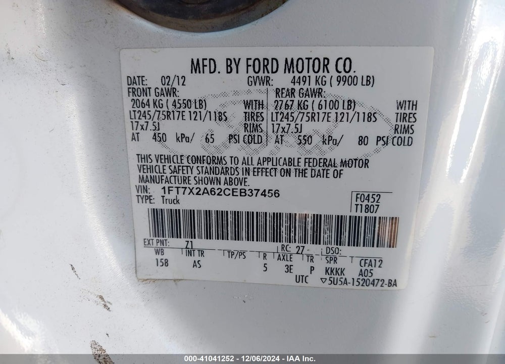 2012 FORD F-250 VIN: 1FT7X2A62CEB37456