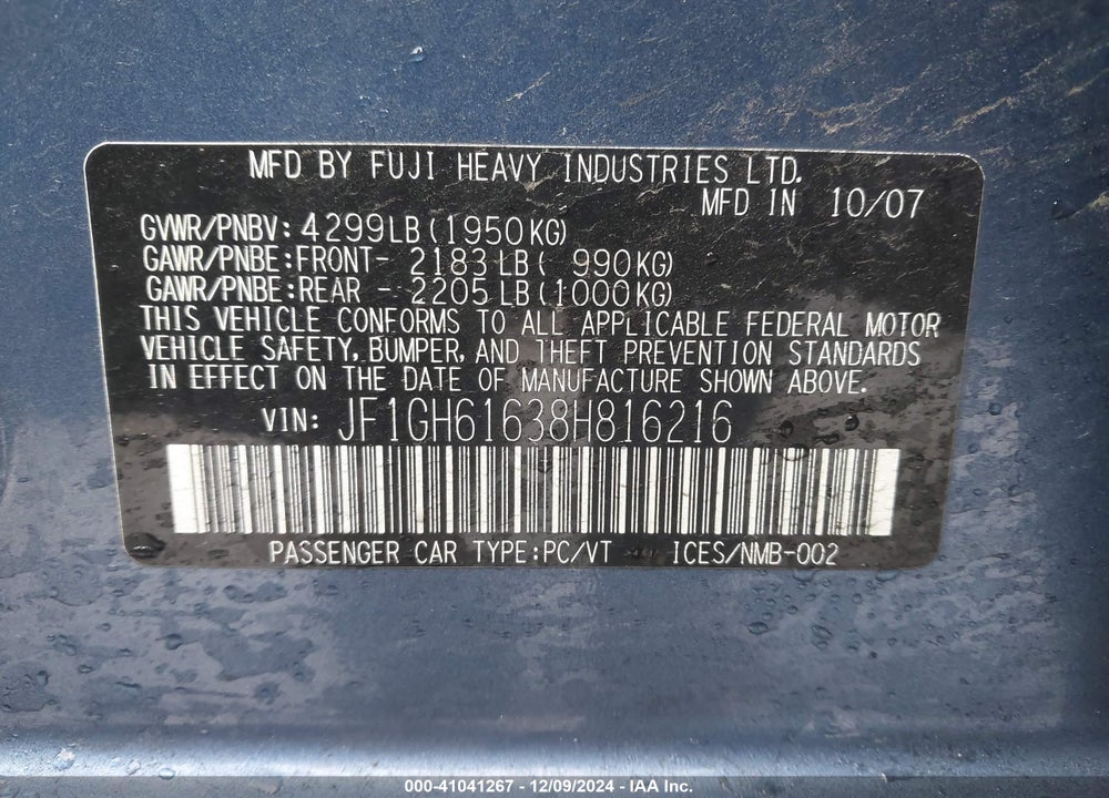 2008 SUBARU IMPREZA 2.5I VIN: JF1GH61638H816216