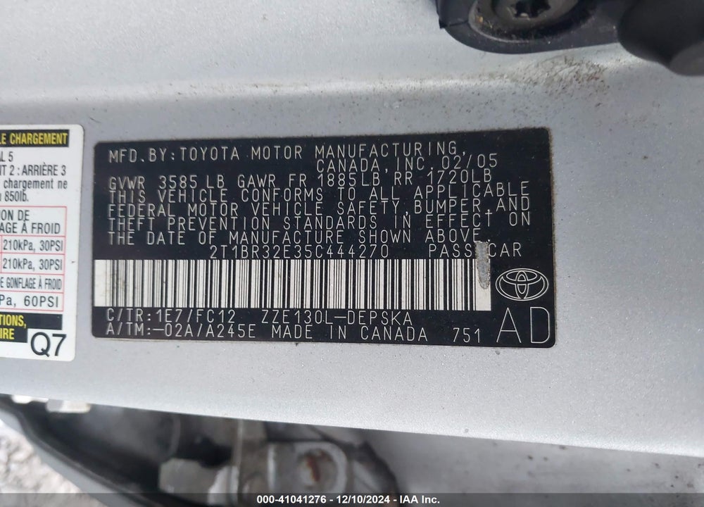 2005 TOYOTA COROLLA S VIN: 2T1BR32E35C444270