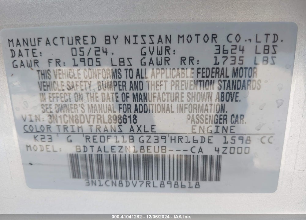 2024 NISSAN VERSA VIN: 3N1CN8DV7RL898618