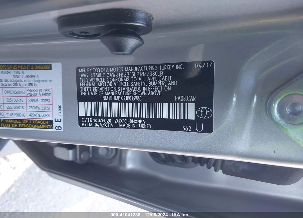 2018 TOYOTA C-HR XLE PREMIUM VIN: NMTKHMBX3JR013986