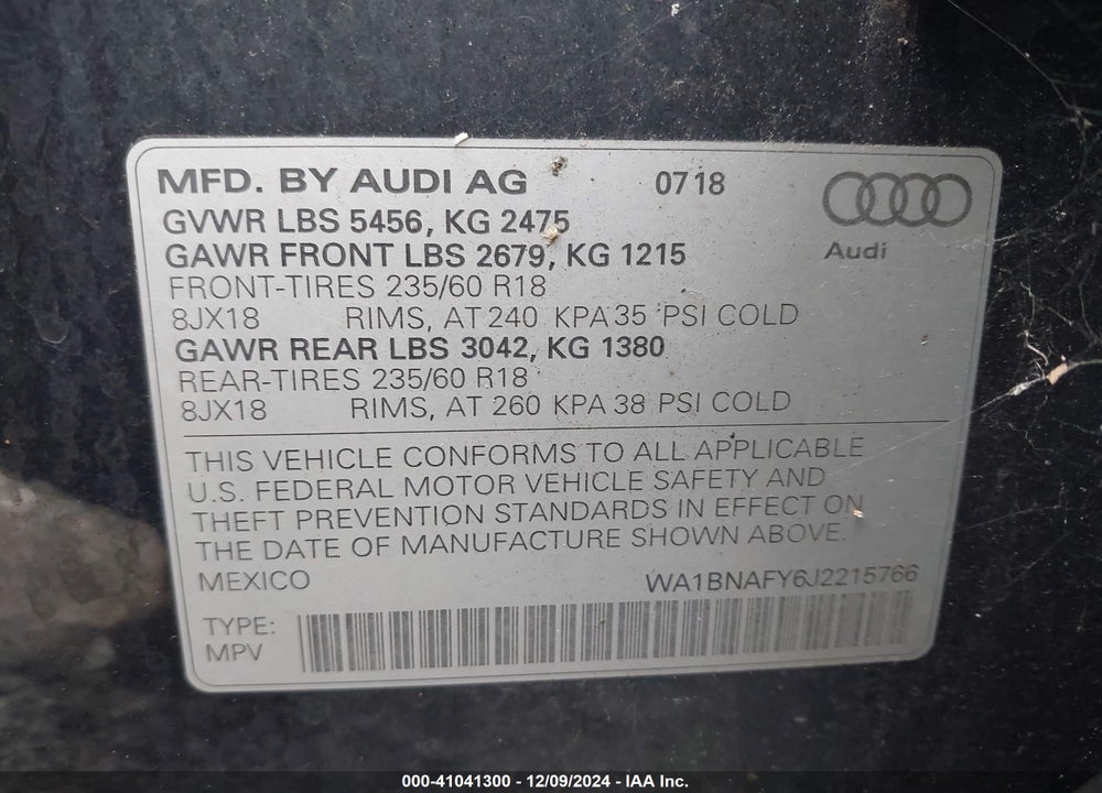 2018 AUDI Q5 2.0T PREMIUM/2.0T TECH PREMIUM VIN: WA1BNAFY6J2215766
