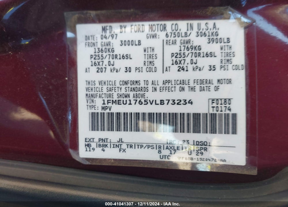 1997 FORD EXPEDITION EDDIE BAUER/XLT VIN: 1FMEU1765VLB73234