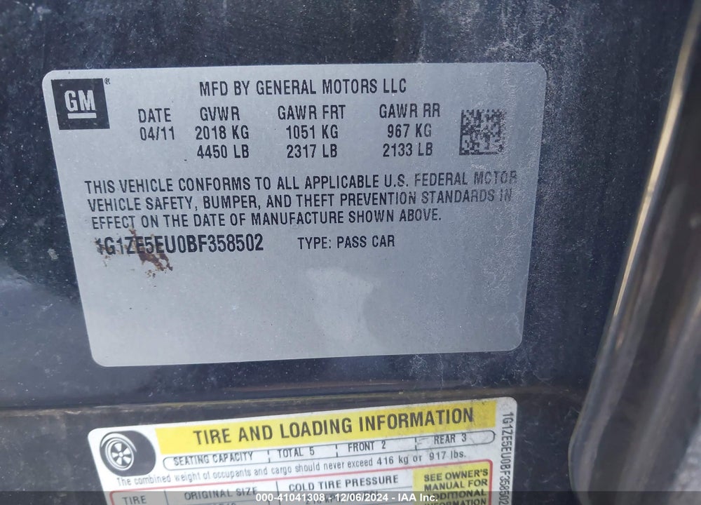 2011 CHEVROLET MALIBU LTZ VIN: 1G1ZE5EU0BF358502