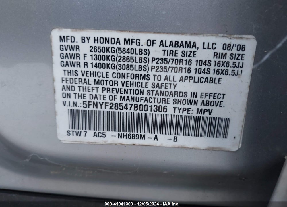 2007 HONDA PILOT EX-L VIN: 5FNYF28547B001306