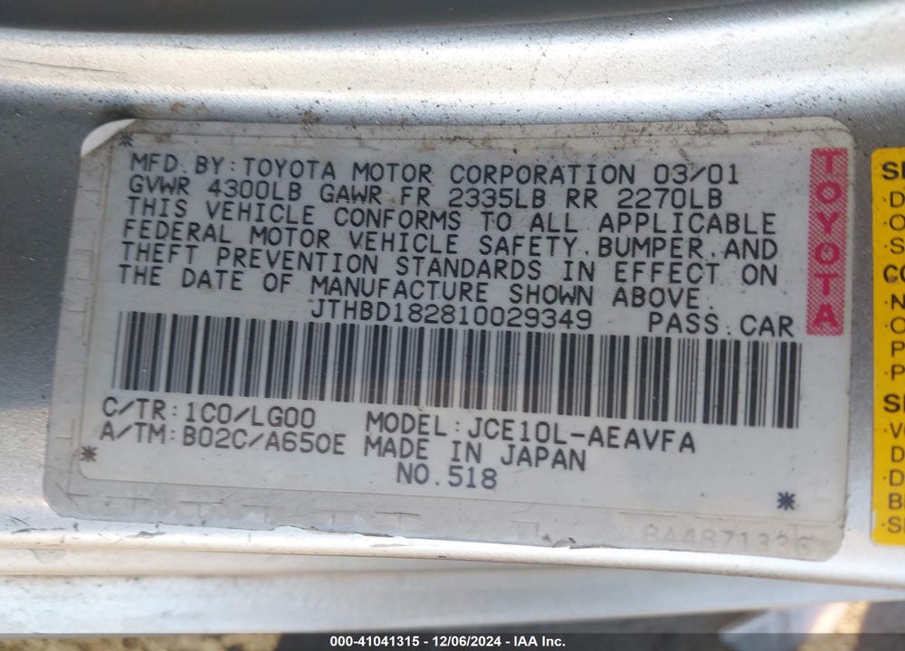 2001 LEXUS IS 300 VIN: JTHBD182810029349