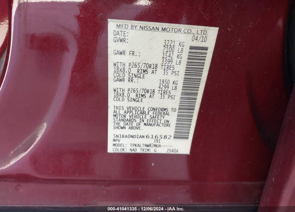 2010 NISSAN ARMADA SE VIN: 5N1BA0ND1AN616582