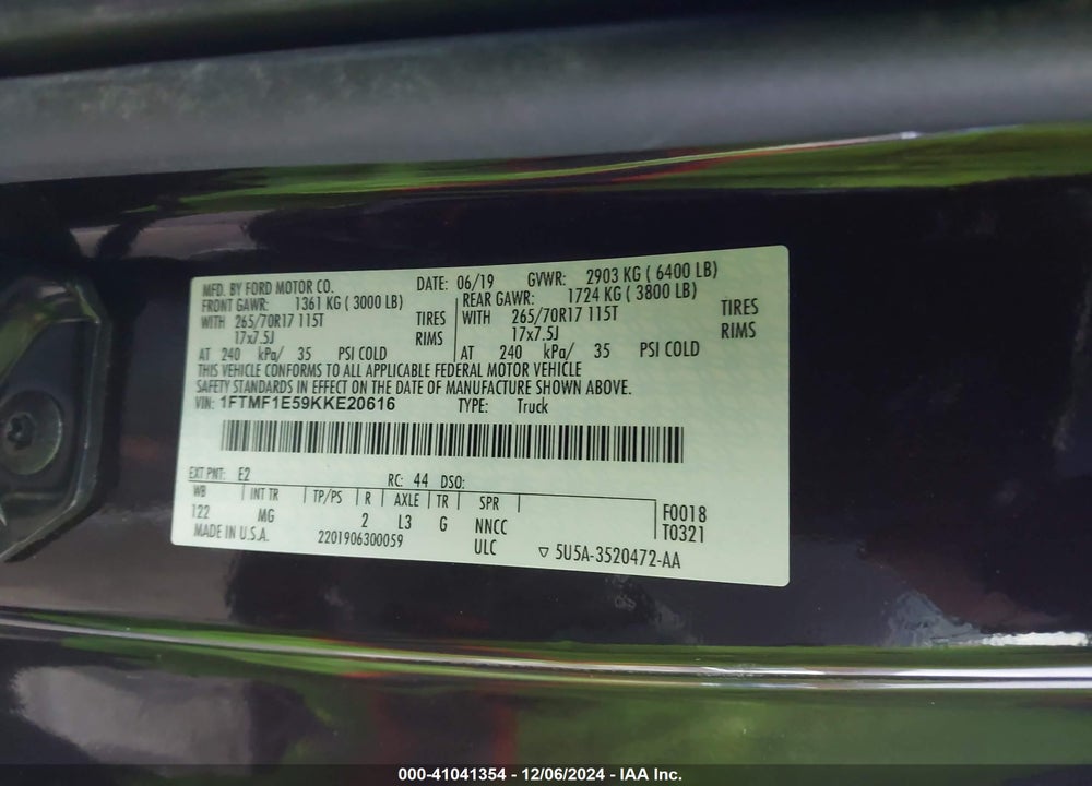 2019 FORD F-150 XLT VIN: 1FTMF1E59KKE20616