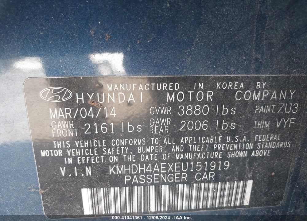 2014 HYUNDAI ELANTRA SE VIN: KMHDH4AEXEU151919