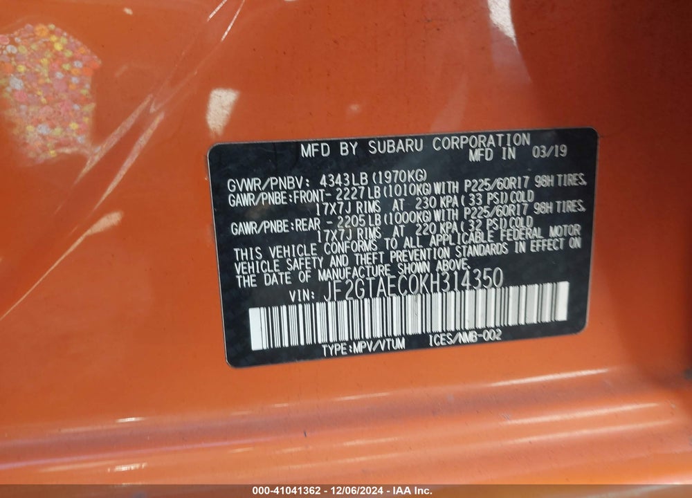 2019 SUBARU CROSSTREK 2.0I PREMIUM VIN: JF2GTAEC0KH314350