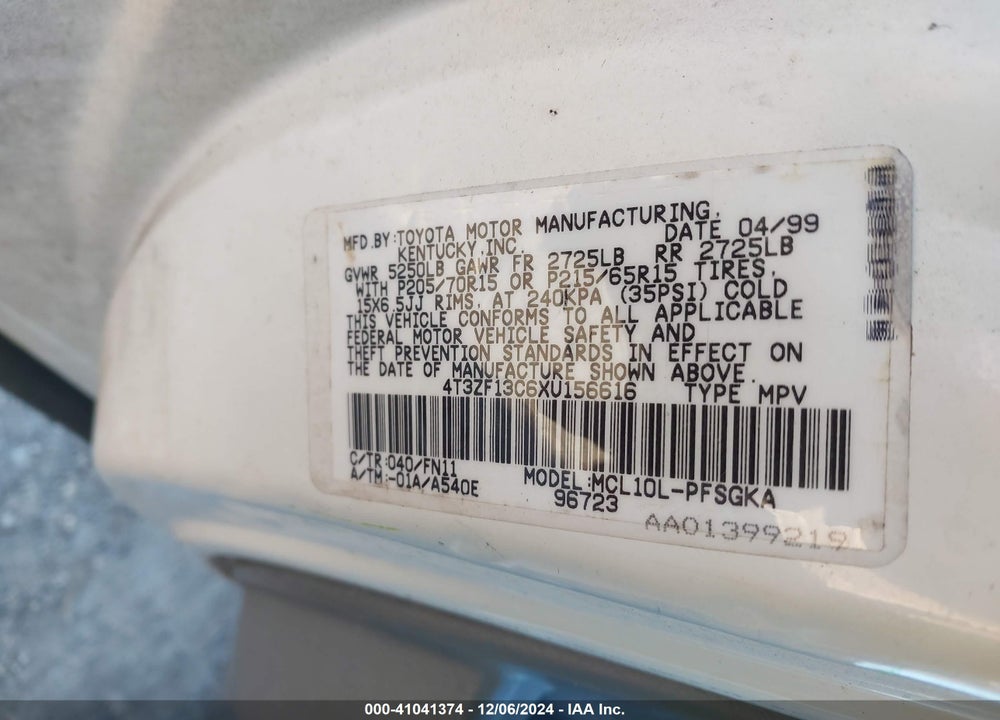 1999 TOYOTA SIENNA LE VIN: 4T3ZF13C6XU156616