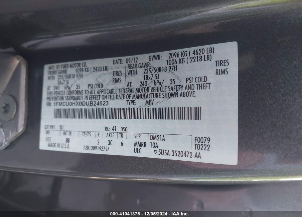2013 FORD ESCAPE SEL VIN: 1FMCU0HX0DUB24623