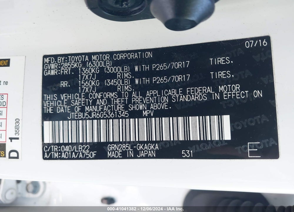 2016 TOYOTA 4RUNNER SR5 PREMIUM VIN: JTEBU5JR6G5361345