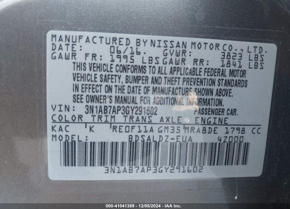2016 NISSAN SENTRA SV VIN: 3N1AB7AP3GY291602