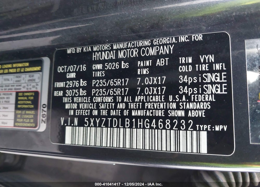2017 HYUNDAI SANTA FE SPORT 2.4L VIN: 5XYZTDLB1HG468232