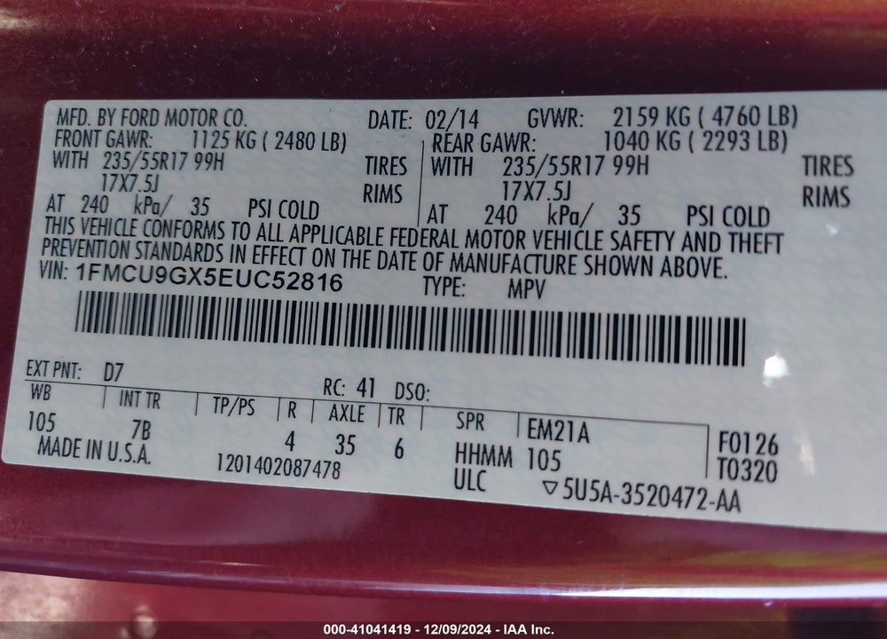 2014 FORD ESCAPE SE VIN: 1FMCU9GX5EUC52816