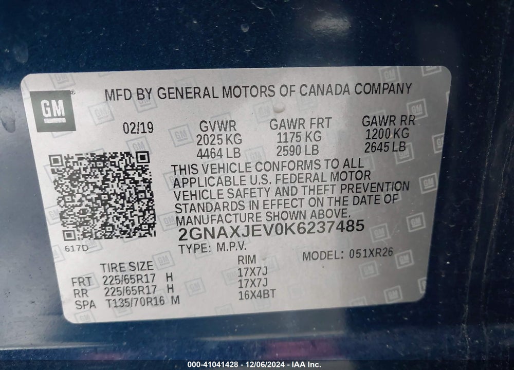 2019 CHEVROLET EQUINOX LT VIN: 2GNAXJEV0K6237485