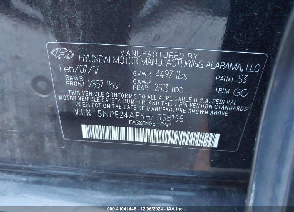 2017 HYUNDAI SONATA SE VIN: 5NPE24AF5HH558158