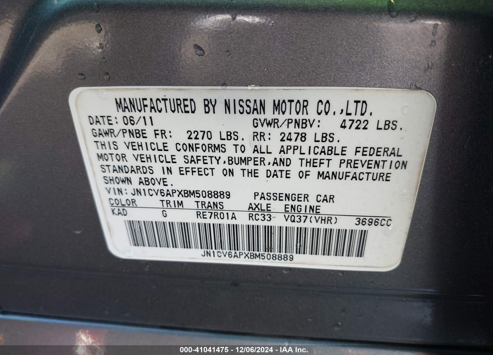 2011 INFINITI G37 VIN: JN1CV6APXBM508889