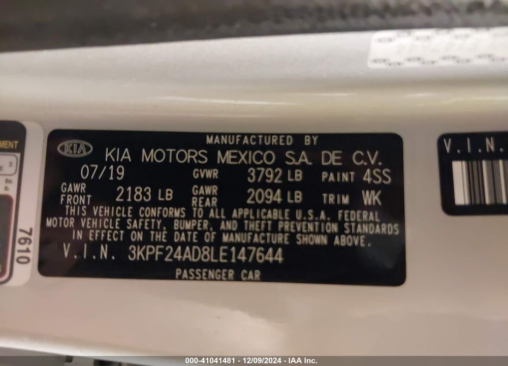 2020 KIA FORTE LXS VIN: 3KPF24AD8LE147644