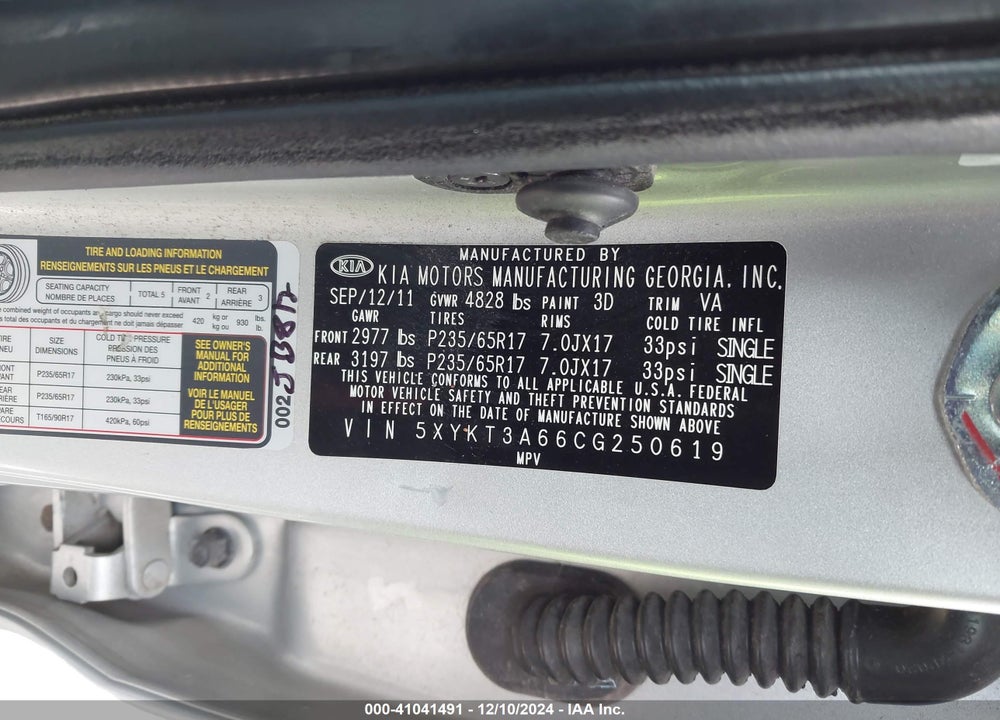 2012 KIA SORENTO LX VIN: 5XYKT3A66CG250619