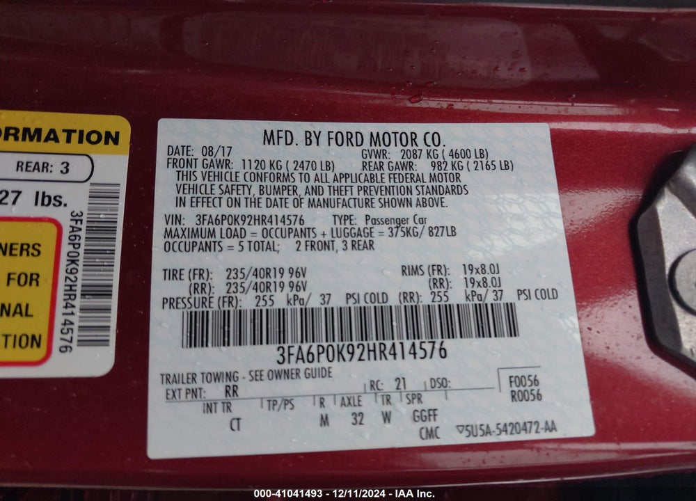 2017 FORD FUSION TITANIUM VIN: 3FA6P0K92HR414576