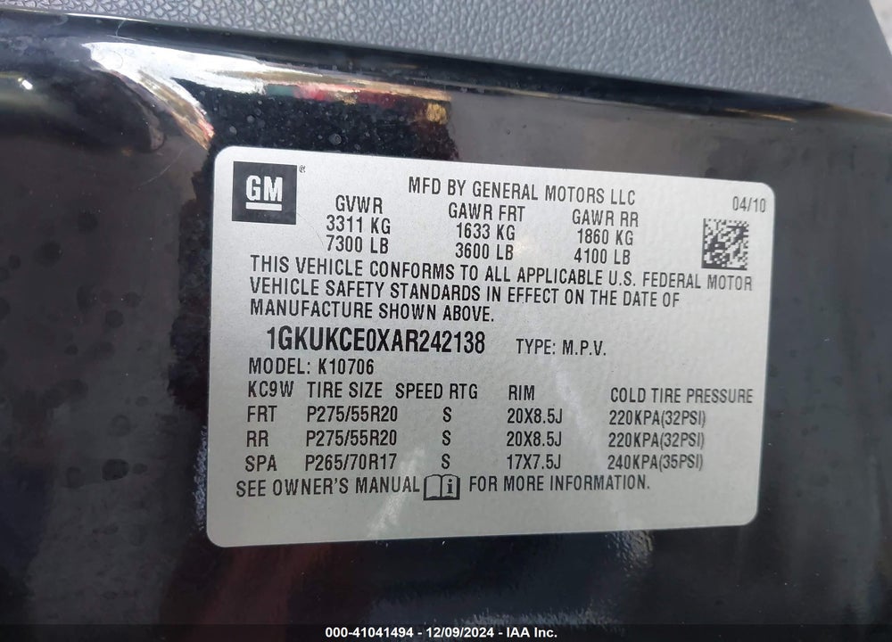 2010 GMC YUKON SLT VIN: 1GKUKCE0XAR242138