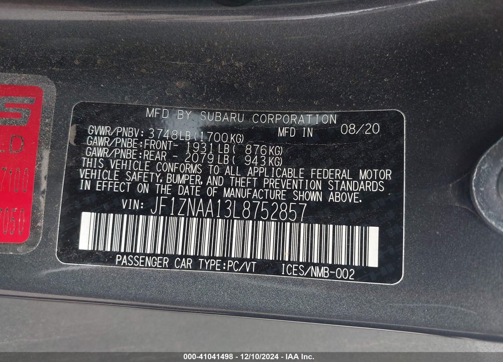 2020 TOYOTA 86 VIN: JF1ZNAA13L8752857