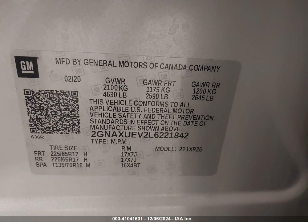 2020 CHEVROLET EQUINOX AWD LT 1.5L TURBO VIN: 2GNAXUEV2L6221842