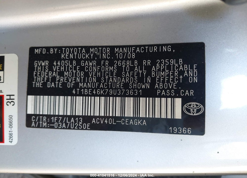 2009 TOYOTA CAMRY XLE VIN: 4T1BE46K79U373631