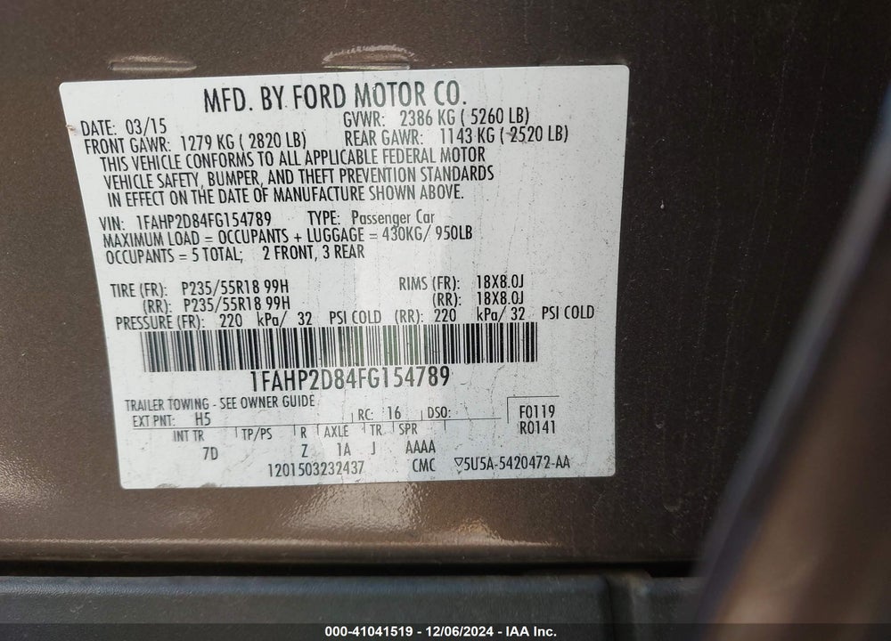 2015 FORD TAURUS SE VIN: 1FAHP2D84FG154789