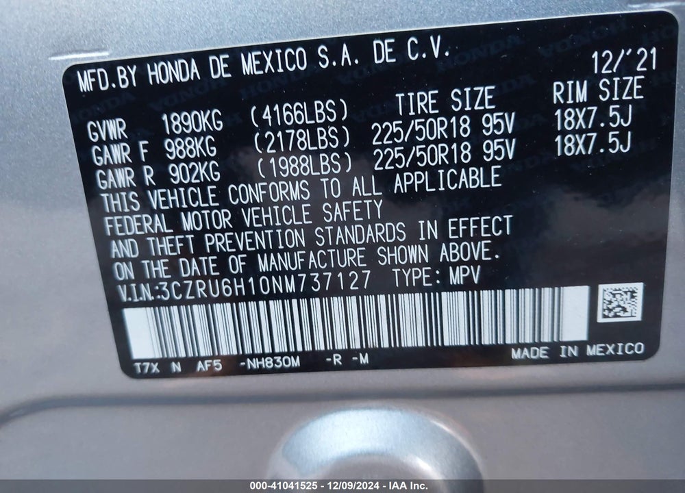 2022 HONDA HR-V AWD SPORT VIN: 3CZRU6H10NM737127